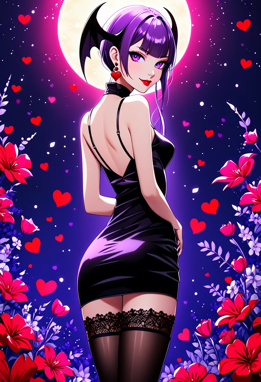 (anime, masterpiece) intricate, from behind, summer sea aestetic background, morrigan aensland, 1girl, Slender hips, slim stomach, thin waist, sexy posing, back view, aesthetically pleasing rear view, looking at viewer, medium breasts, slim body, violet hair, violet eyes, skimpy black silk dress, long hair, black garter stockings, symmetrical stocking size, very short mini skirt, lingerie, heart shaped earrings, girly decorations, solo, flowers, modest smile, bright red lipstick, painted nails red