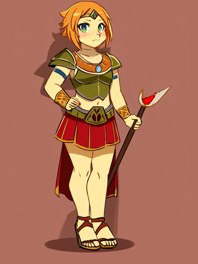  furry, furry_female, lizard_girl, solo, wearing full body plate armor, gladiator skirt, gladiator sandals, humanoid feet, holding a spear, nosebleed,bloody nose