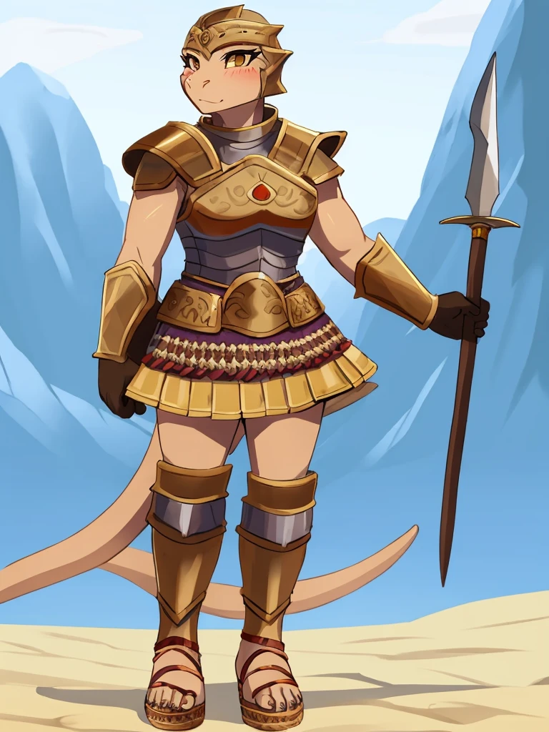 furry, furry_female, lizard_girl, solo, wearing full body plate armor, gladiator skirt, gladiator sandals, humanoid feet, holding a spear, nosebleed,bloody nose