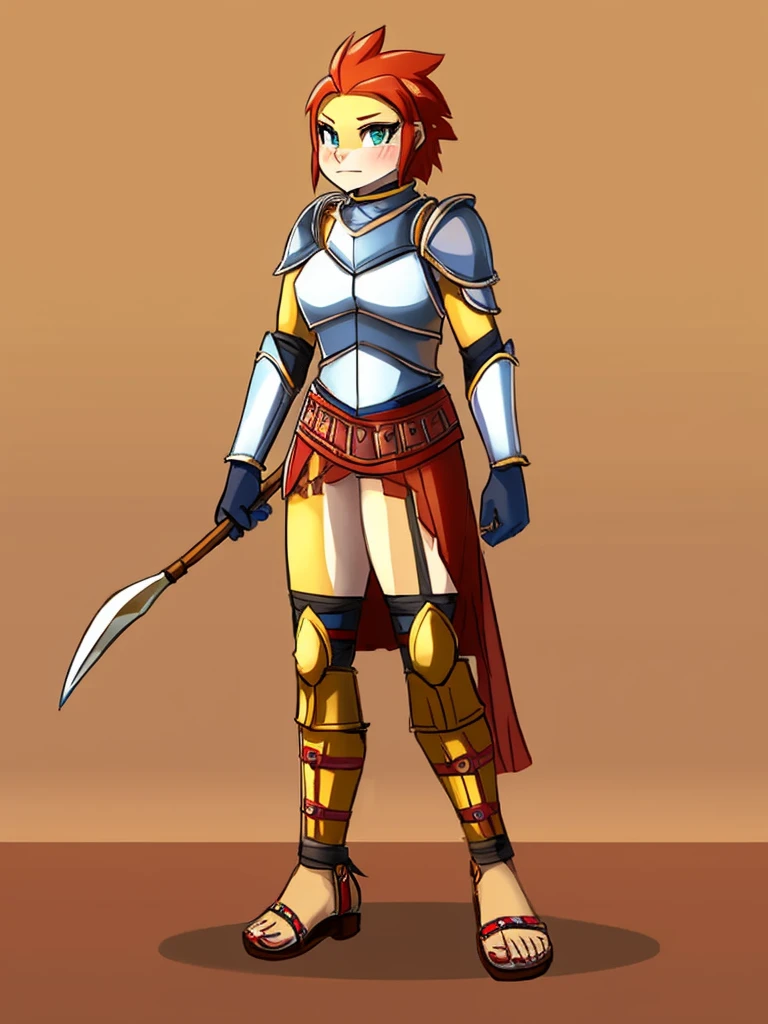furry, furry_female, lizard_girl, solo, wearing full body plate armor, gladiator skirt, gladiator sandals, humanoid feet, holding a spear, nosebleed,bloody nose