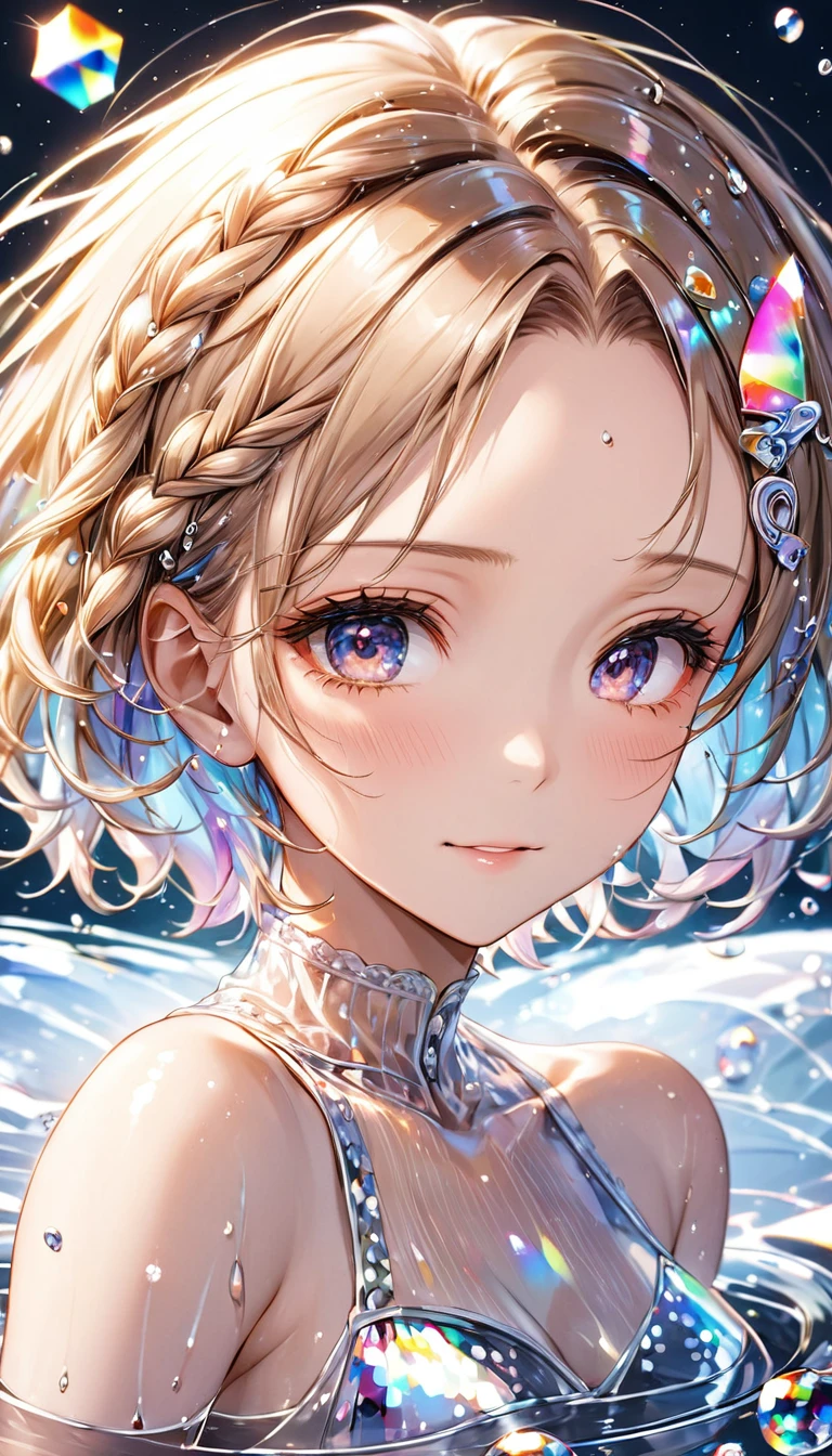 best quality, super fine, 16k, incredibly absurdres, extremely detailed, 2.5D, delicate and dynamic depiction, beautiful woman, narrow face, amorous and lewd expression, light brown messy wavy fine braided short hair, forehead, make-up, ripples in water, transparent, translucent, prisms, iridescent sequins, dancing letters, sparkly fluffy effect, portraits, prime lenses, lens filters, clear subject
