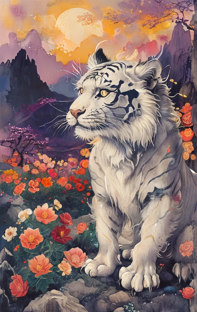 A white dragon lies in the middle of an endless field full of purple flowers, surrounded by snow-capped mountains and a blue sky sparkling with golden sunset rays. The whole scene is filled with a dreamy atmosphere, with vibrant colors and detailed background elements rendered in high resolution and detailed in a top quality illustration style. A girl with black hair and white eyes, dressed in dark , stands next to an anthropomorphic tiger, both looking at the camera. The background is adorned with intricate patterns of flowers and leaves., with a black color scheme, taken from a low angle shot, with high resolution and high detail, a masterpiece
