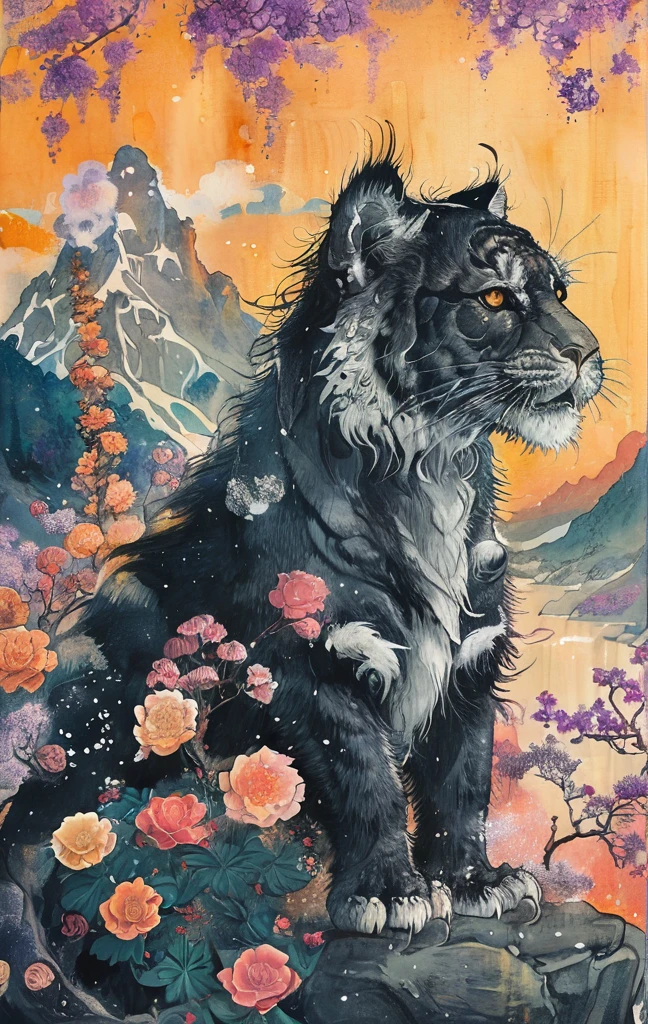 A white dragon lies in the middle of an endless field full of purple flowers, surrounded by snow-capped mountains and a blue sky sparkling with golden sunset rays. The whole scene is filled with a dreamy atmosphere, with vibrant colors and detailed background elements rendered in high resolution and detailed in a top quality illustration style. A girl with black hair and white eyes, dressed in dark , stands next to an anthropomorphic tiger, both looking at the camera. The background is adorned with intricate patterns of flowers and leaves., with a black color scheme, taken from a low angle shot, with high resolution and high detail, a masterpiece