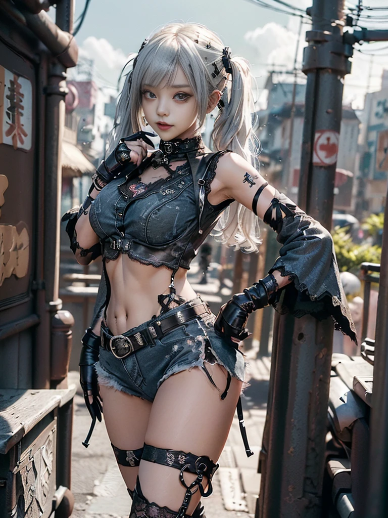 (Full Body View:1.3)、(Side view:1.1)、(Wearing a thong:1.4)、(Accentuate your butt:1.3)、(Smiling with teeth showing:1.3),(Shibuya Gal:1.5)、(Neo-goth style fashion:1.5)、(Punk RockVisual Kei:1.4)、(A high-leg bodysuit in a delicate design of denim, silver and black:1.5)、(Denim, black gloves and sailor shirt:1.5)、(Denim high heels:1.3)、(Wearing silver accessories:1.5)、(Denim collar:1.4)、(Black Leather Garter Belt:1.4)、(Brown Skin Belt:1.3)、(Black lace underwear:1.5)、20-year-old、NSFW、((Highest quality、In 8K、masterpiece:1.3))、Sharp focus:1.2、(Layered Cut、Huge boobs:1.1),Beautiful woman with perfect figure:1.4、(Dancing vigorously:1.3)、Slender Abs:1.2、Highly detailed face and skin texture、Detailed eyes、double eyelid,(Twin tails:1.3)、(Cream colored hair:1.3)、Gravure idol、(The Caribbean cityscape in the background:1.3)、(Slim body:1.3),(Make your legs thinner:1.4),（clavicle:1.1）