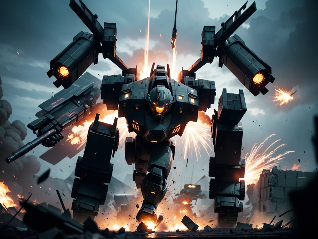 a friendly mech taking down an enemy mech, soldiers cheering, war-torn battlefield, massive destruction, mechanical machines, dramatic action, cinematic camera angle, highly detailed, photorealistic, epic scale, vibrant colors, dramatic lighting, dynamic motion blur, cinematic atmosphere, gritty military sci-fi, cinematic composition, dramatic depth of field, masterful rendering, hyper-detailed machinery, powerful explosions, heroic soldiers, awe-inspiring scale, stunning visual effects, high-octane combat, jaw-dropping spectacle