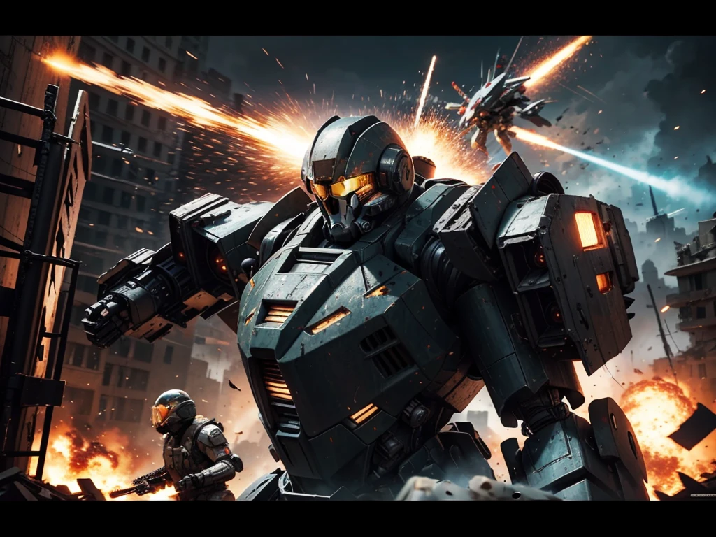 a friendly mech taking down an enemy mech, soldiers cheering, war-torn battlefield, massive destruction, mechanical machines, dramatic action, cinematic camera angle, highly detailed, photorealistic, epic scale, vibrant colors, dramatic lighting, dynamic motion blur, cinematic atmosphere, gritty military sci-fi, cinematic composition, dramatic depth of field, masterful rendering, hyper-detailed machinery, powerful explosions, heroic soldiers, awe-inspiring scale, stunning visual effects, high-octane combat, jaw-dropping spectacle