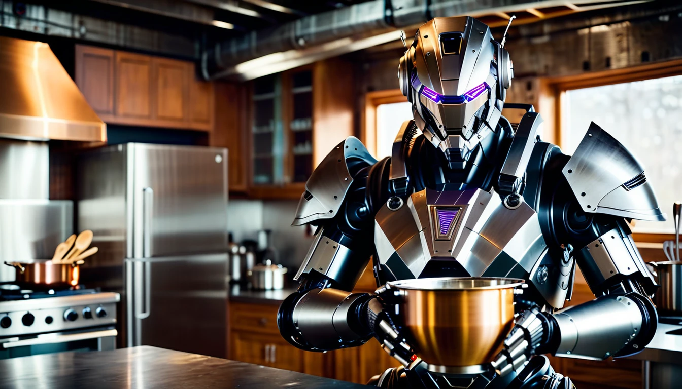 frontal view, Full body shot of a humanoid cyborg robot (((with a wooden spoon in his hand))), he ((stirs the soup in the pot on the stove))) in a modern kitchen. The humanoid cyborg robot have armor and ((circuits and colored LEDs)) are embedded in. The cyborg armor made of different metallic materials, adorned in scratched and tarnished armor reminiscent of a bygone era. The armor is textured, distressed, vintage, edgy, dirty, intricate, tubes and cables. Photorealistic surface of the robot, high tech, cybertech, made of different materials. Natural lights, neutral colors, lomochrome, vintage color tones, dramatic, dynamic composition.Lifelike textures, sharp focus, depth of field, cinematic lighting, Contrast lighting, volumetric lighting, best shadows,Realism, Cinematic, Photoreal, 35mm film, Screengrab a Super Panavision film, in color. Best quality , hdr, uhd, 8k, analog camera shot.