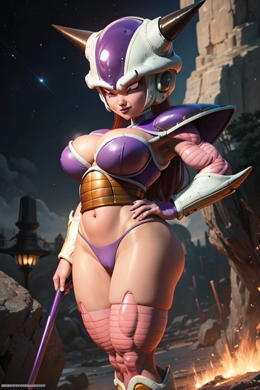 frieza gender bend, big breasts, deep cleavage, big round ass, round Buttocks, cameltoe, wide hips, leg spread apart, her hips swaying, white skimpy armor, anime eyes dragon ball z, frieza eyes, purple nipples, laughing 