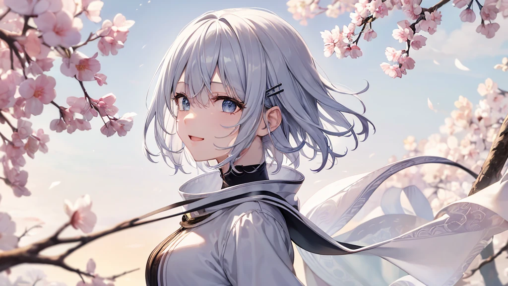 Her eyes were shining、Mysterious and enchanting atmosphere。With AI Painting、とてもShort Hair, Long bangs between the eyes, Very detailed,(masterpiece、Highest quality)、alone、Gray Hair、Fantasy, Silver Hair, Fantasyな風景、White shirt、smile、Open your mouth、Scarf、short hair、Short Hair、hairpin、black eye、Grey Eyes、Beautiful Eyes