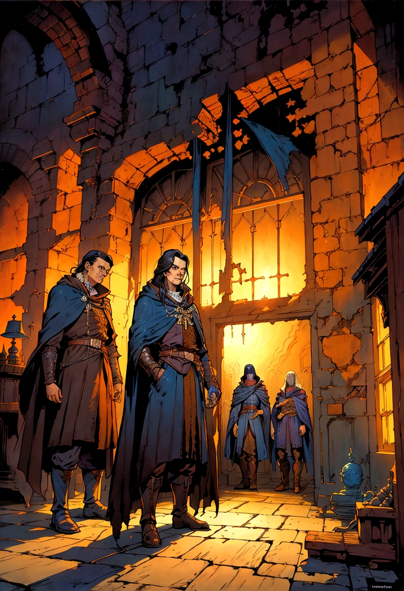 a painting of a man in a cloak standing in a room, michael whelan and gustave done, michael whelan and gustave dore, ted nasmith and marc simonetti, micheal whelan, by Michael Whelan, alan lee and marc simonetti, by Larry Elmore, michael whelan art, by the Brothers Hildebrandt, by Don Maitz