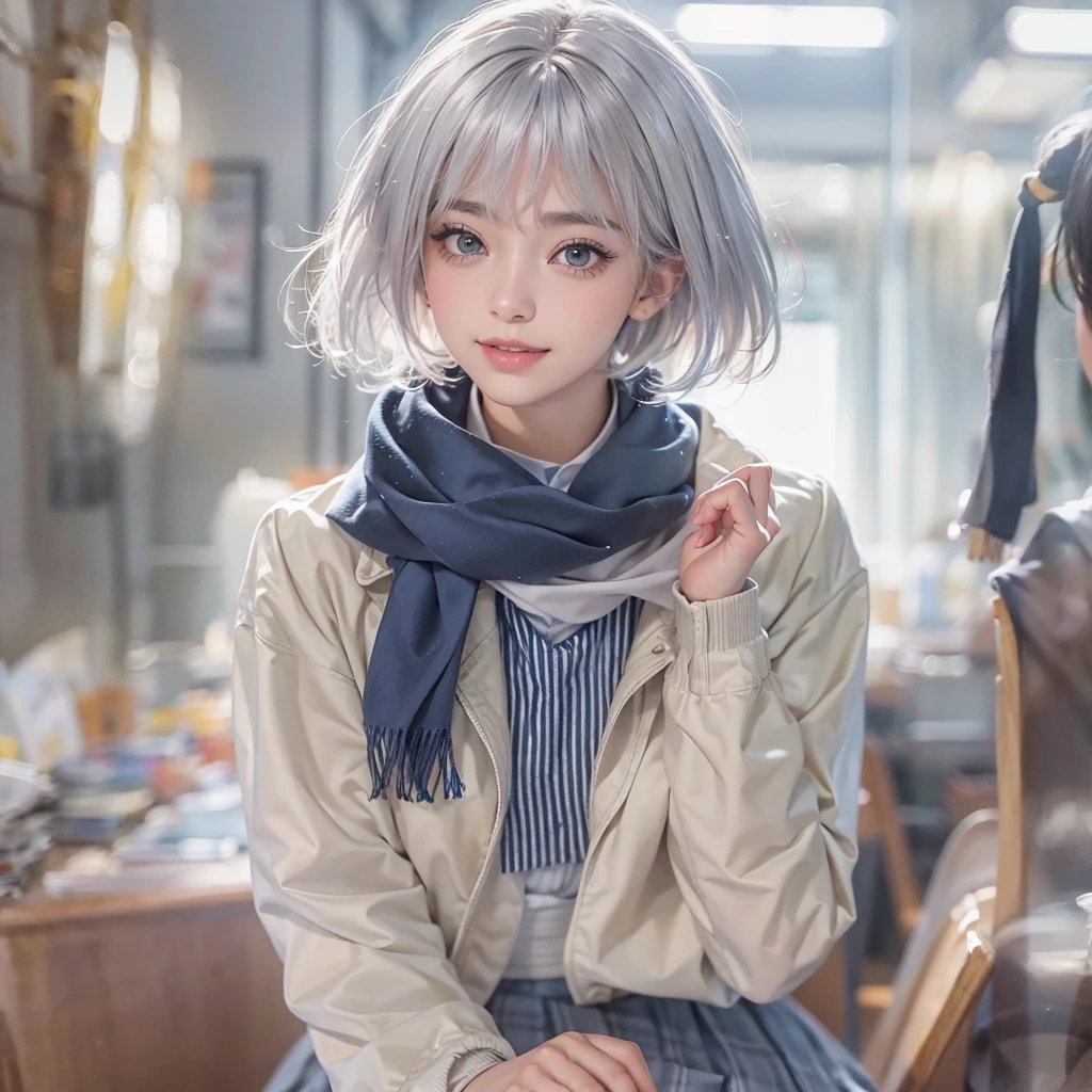 (masterpiece:1.3), (8K, Realistic, RAW Photos, Best image quality: 1.4), Tanned woman、short hair、Highly detailed face、Attention to detail、double eyelid、Sharp focus:1.2、Beautiful woman:1.4、Silvery white hair、Highest quality、masterpiece、Ultra-high resolution、(Realistic:1.4)、Highly detailed and professionally lit smiles、Loose, Light, Wear Japan high school uniform:1.5、Navy blue scarf、 One person、Have a school bag