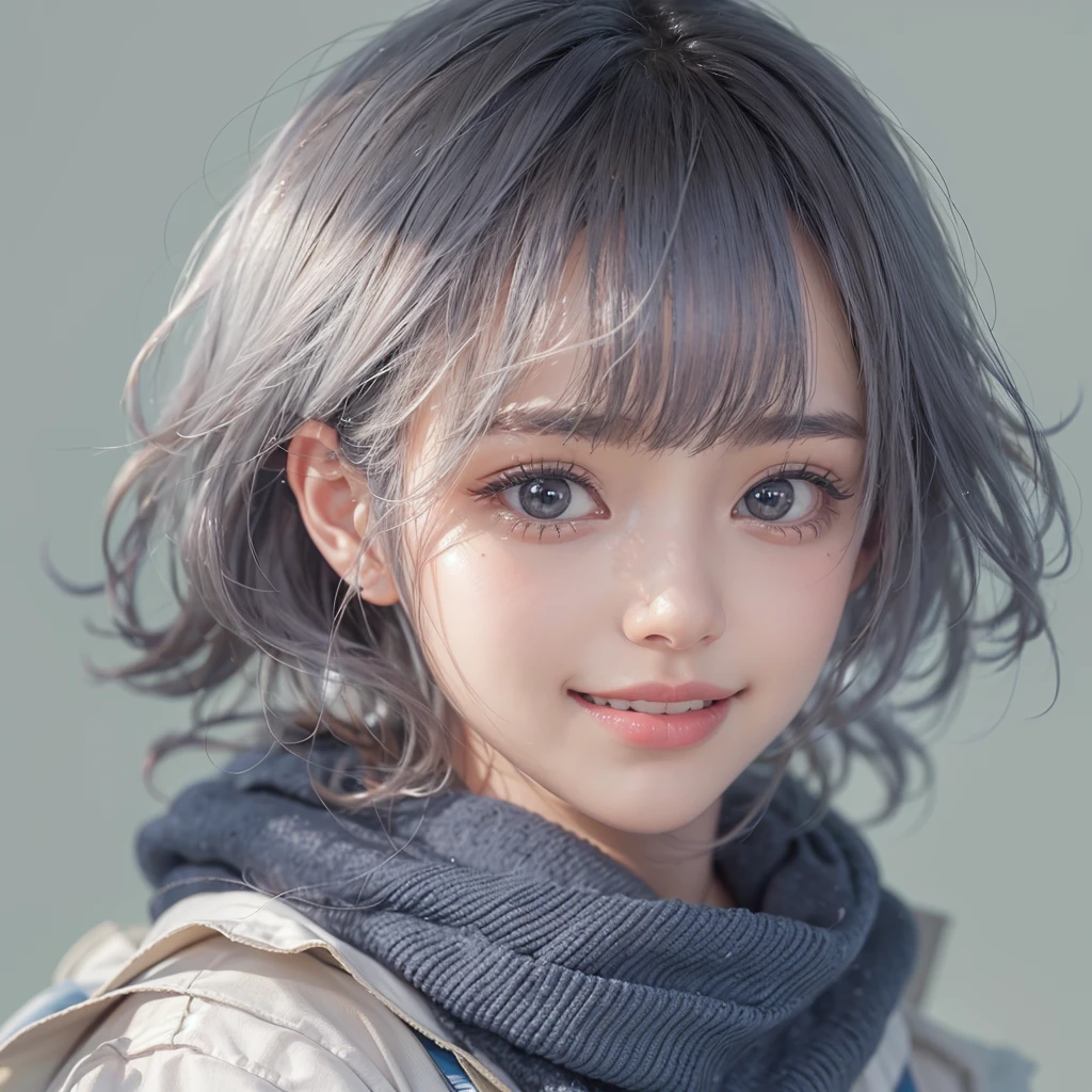 (masterpiece:1.3), (8K, Realistic, RAW Photos, Best image quality: 1.4), Tanned woman、short hair、Highly detailed face、Attention to detail、double eyelid、Sharp focus:1.2、Beautiful woman:1.4、Silvery white hair、Highest quality、masterpiece、Ultra-high resolution、(Realistic:1.4)、Highly detailed and professionally lit smiles、Loose, Light, Wear Japan high school uniform:1.5、Navy blue scarf、 One person、Have a school bag
