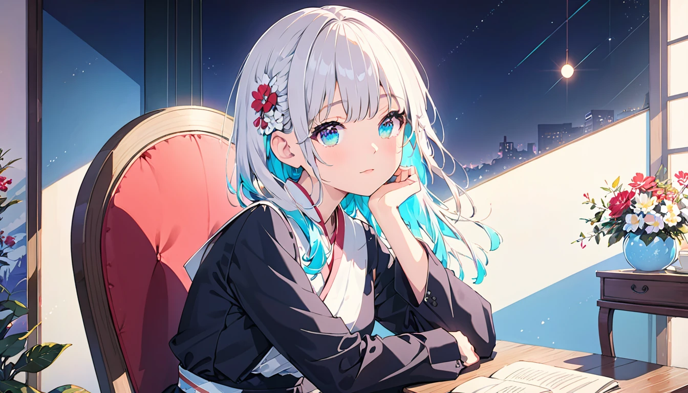 (Absurd:1.1, High resolution:1.1, 超detailed:1.1), 非常にdetailedな, 超detailed hair, (Fine grain:1.4), (Shining Eyes:1.3), thin, cute, Perfectly symmetrical face, narr○w waist, 超cute girl, 超cute face, 超cute, Super beautiful, Beautiful colors, ((Great quality)), (Clean hands), Elbow resting position, Upper body rest (Beautiful colors,detailed,Highest quality,Great quality,so beautiful), Black Suit, Chair, Lighting and Shadows(perspective), Lighting particles, colorful, masterpiece, night, Calm room, Subdued lighting