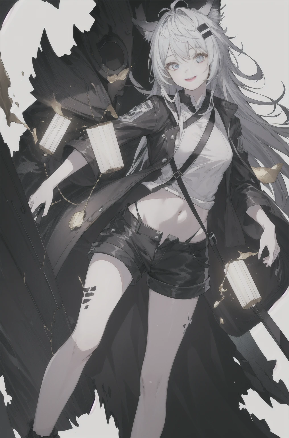 8K,high resolution,absurd,masterpiece,best quality,The original,Extremely detailed CG,Extremely detailed wallpaper,Perfect lighting,1 Girl
(hutaodef:1.2),Black shorts,black h在 with h在 ,Regular Clothes,white background,smile