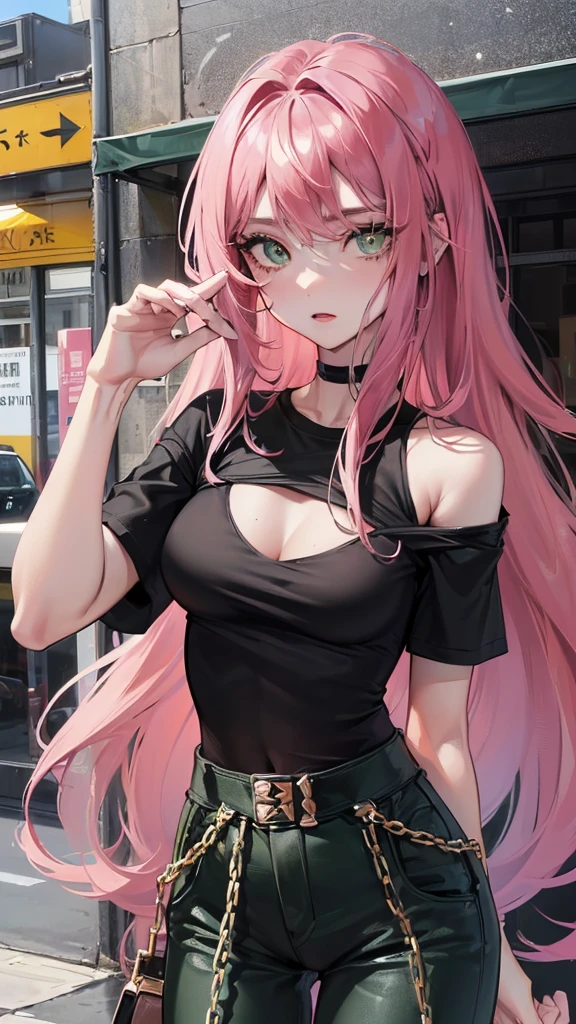 Photograph of the upper body of a beautiful woman, , [see through] , (big breasts), (small waist, perfect body), Sharp focus, (tall body, mature woman), ((Looking ahead)), (Highly detailed skin, hair follicles:1.4,) (pink long hair,green eyes) , (black t-shirt:1.47),(green pants)chain,punk rock, Guitar