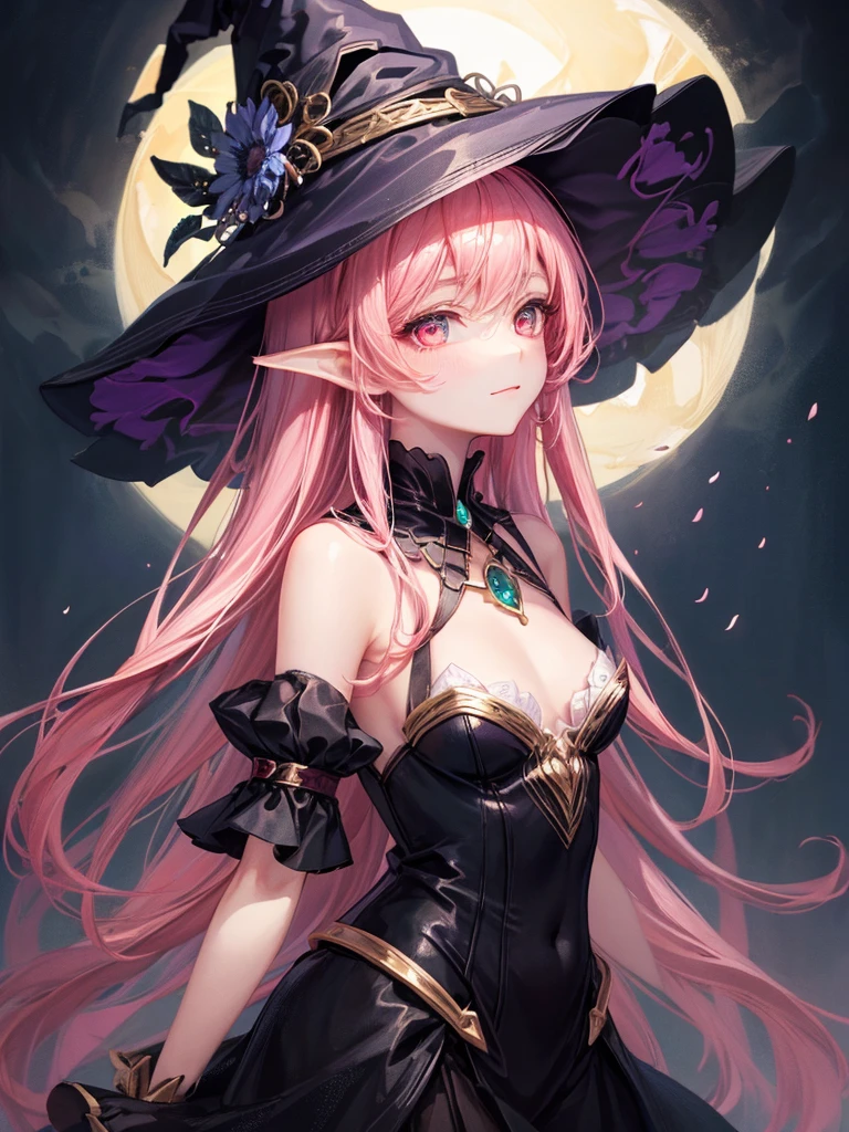 art by Cornflower,(masterpiece),((highest quality)),(Perfect Anatomy),((arms behind side)),(1 girl in witch hat:1.2), Magical girl,magical girl clothes, long pink hair, Beautiful and exquisite red eyes, pale skin, Slender, like a dream and happiness atmosphere, High Fantasy,dreamy digital painting, magical colors and atmosphere,soft lighting, fantasy art,small breasts,sideways glance,wonderful spring flower mood