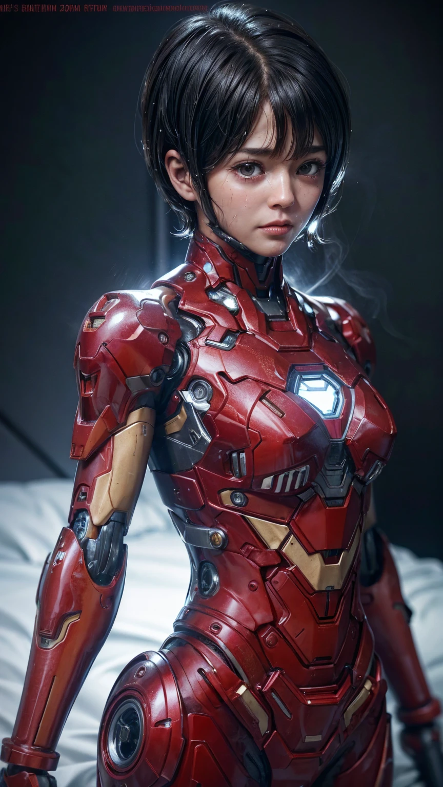 Highest quality 8k Red Iron Man Suit Girl Middle-aged women Sweaty face cute short hair boyish Steam coming out of my head My hair is wet with sweat The feel of black hair Full body portrait My upper body is soaked I can see the vagina Lying in bed