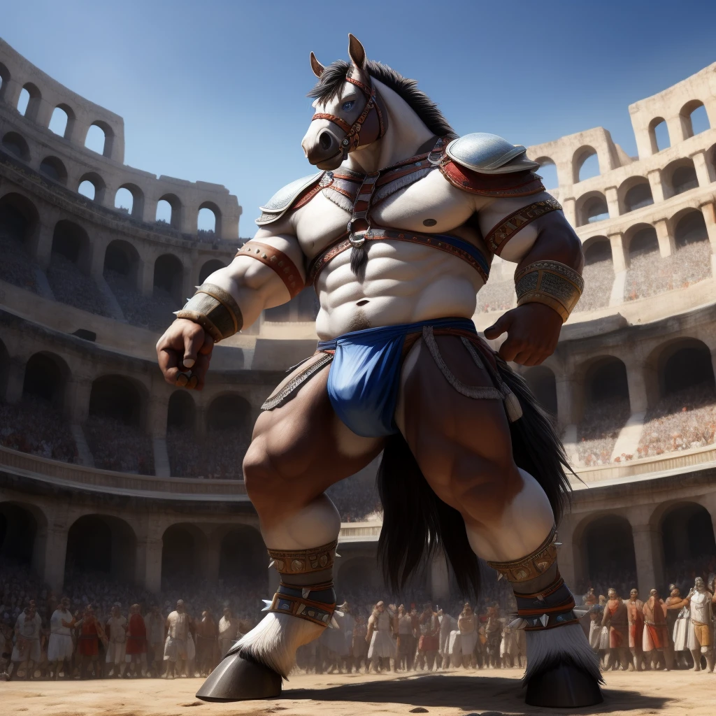 Furry, Kemono, Antropomorphic, Equine, solo, (Color White), Furry Antropometric legs, Hooves, Antro body, Bigg Ass, Male Bulge, Bigg Balls, Full body, Braided Mane, Roman gladiator armor, Gladiator, Black leather harness, Spiked Anklet, White fitted fundoshi, Roman arena with public in the stands, Blue Pupil Eyes, High Resolution, 4K Detailed, Good Lighting, Beautiful, Photorealistic, Realistic, White Fundoshi, tight loincloth, tale, tale horse