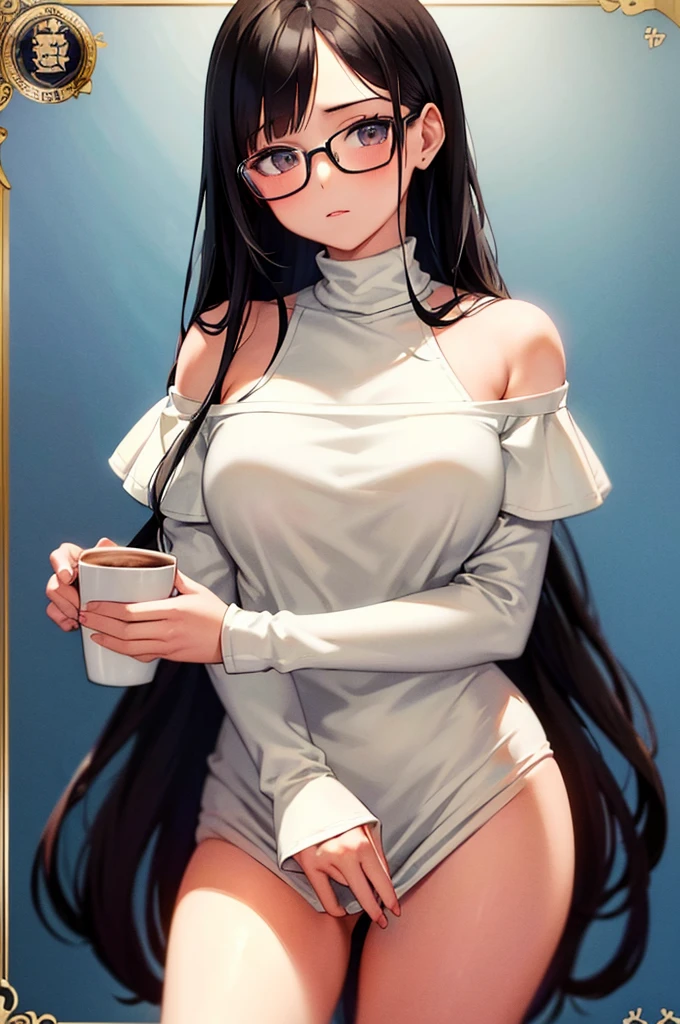 ((best quality)), ((masterpiece)), (detailed), 1 Girl, Tranquility，cold，White Off-The-Shoulder Sweater, Black long straight hair，Middle bangs，Forked on both sides，Oval rimless glasses，Cross-issued cards，Coffee in hand，D cup