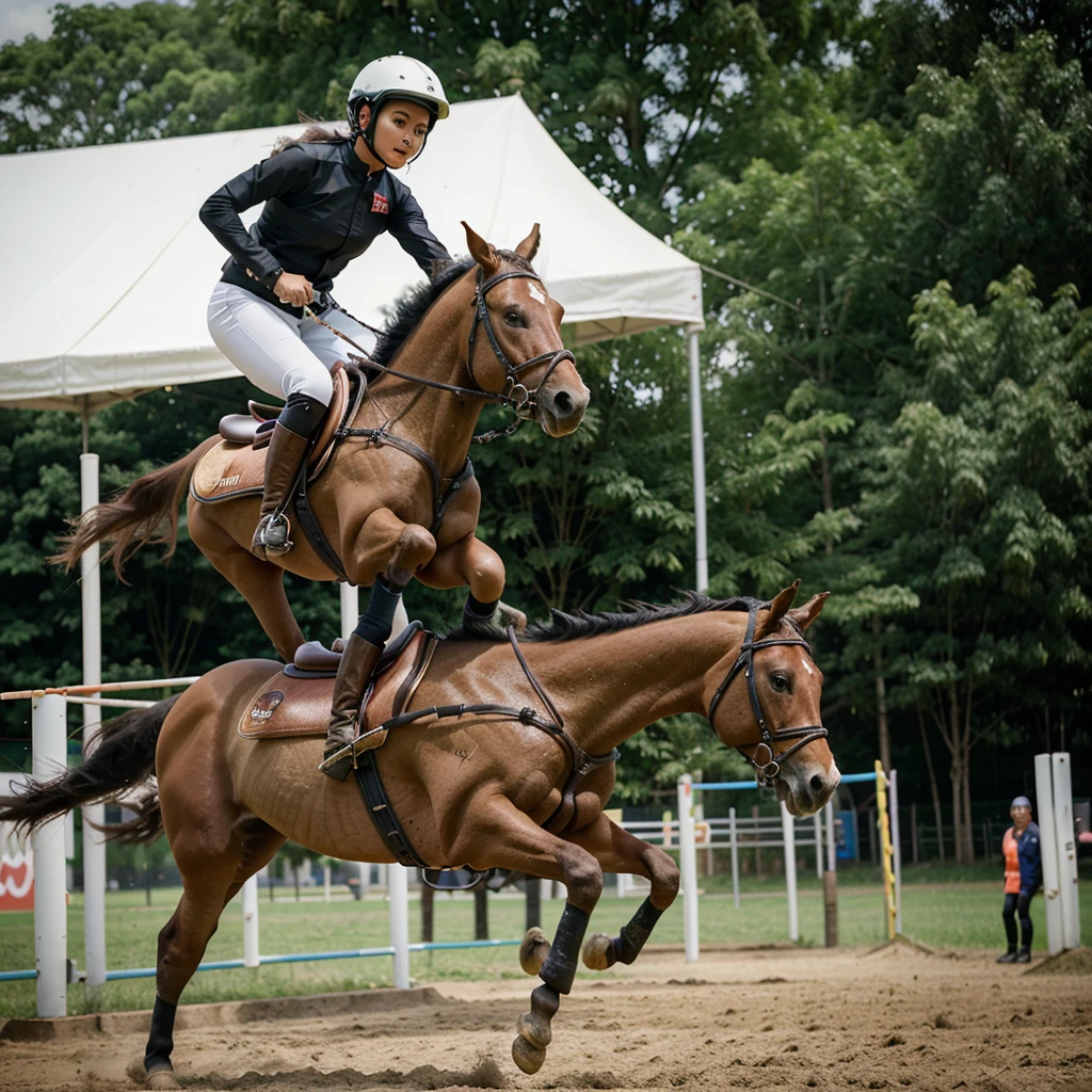 hyper realistic photo, caricature of a beautiful Indonesian woman riding a horse in an obstacle course competition, Horse Jumping,. jockeys wear complete clothing, including safety helmets, small sticks, boots, safety vests, leather gloves. background in the competition arena,