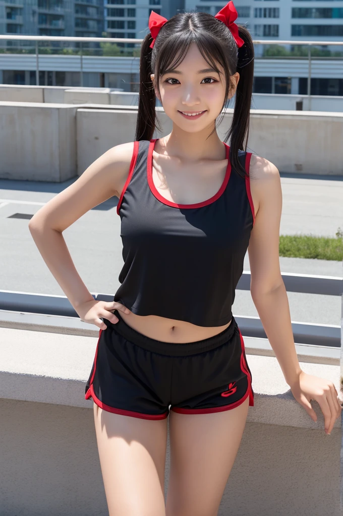 Highest quality, masterpiece ,Portraiture, close, Yazawa nico, Black Hair, Red eyes, Short Twin Tails, Red Bow, Very large , Translucent tank top, Off the shoulder, Play sports often, Training wear, View your viewers,smile, Outdoor, rooftop,Semi-transparent shorts