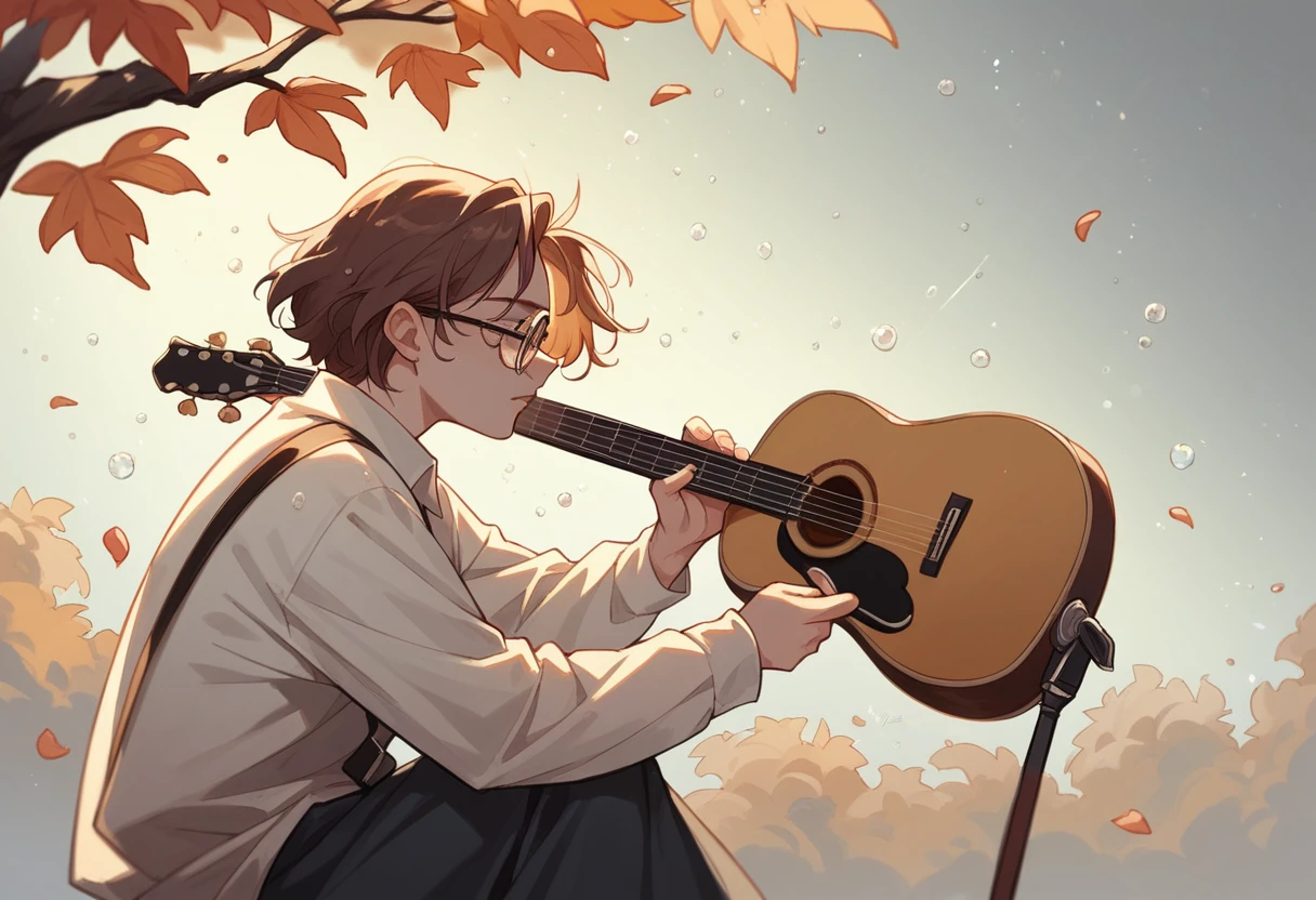 MSE Painting《Woman wearing glasses》，author：Agnes Cecil, Bright design, Soft colors, Ink droplets, Autumn Light, Holding the guitar, Acoustic guitar, Side view