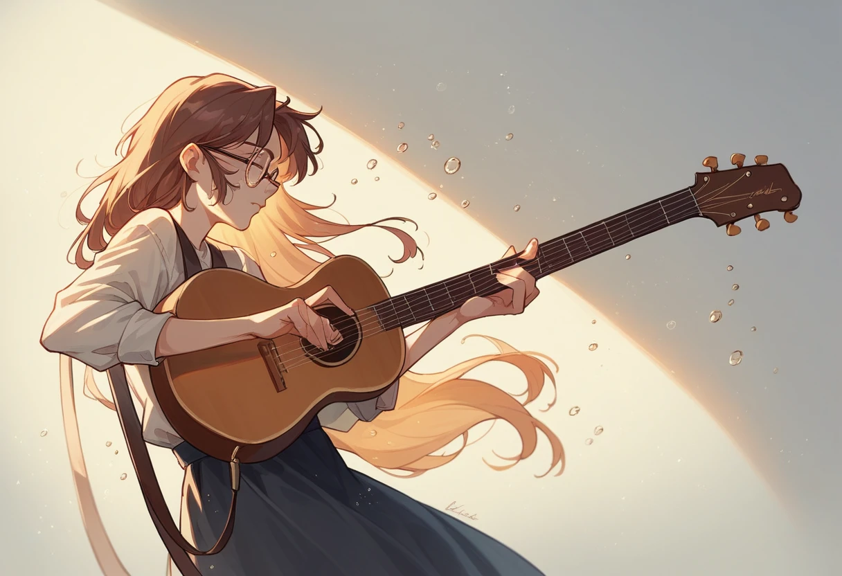 MSE Painting《Woman wearing glasses》，author：Agnes Cecil, Bright design, Soft colors, Ink droplets, Autumn Light, Holding the guitar, Acoustic guitar, Side view