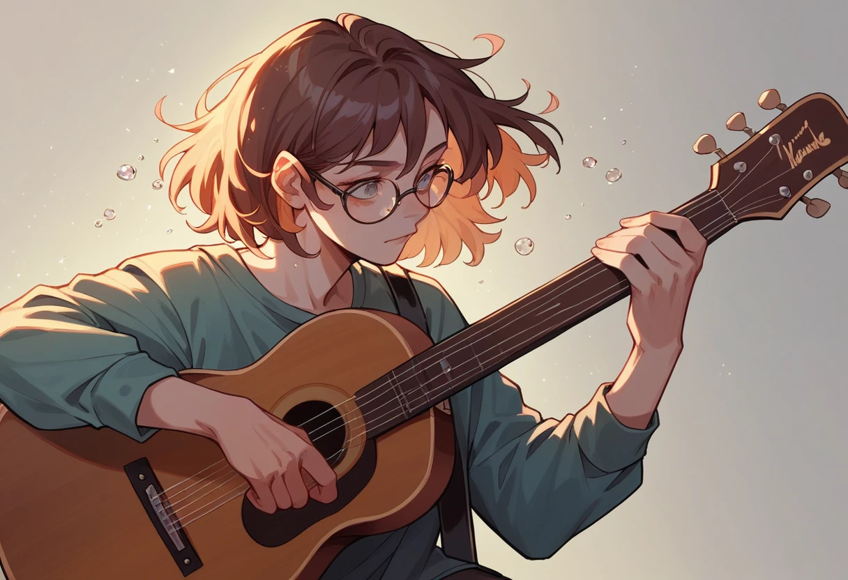 MSE Painting《Woman wearing glasses》,author:Agnes Cecil, Bright design, Soft colors, Ink droplets, Autumn Light, Holding the guitar, Acoustic guitar, Side view