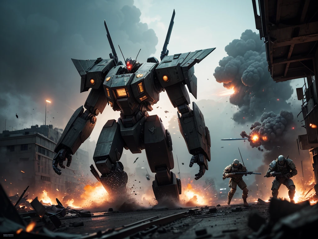 a friendly mech taking down an enemy mech, soldiers cheering, war-torn battlefield, massive destruction, mechanical machines, dramatic action, cinematic camera angle, highly detailed, photorealistic, epic scale, vibrant colors, dramatic lighting, dynamic motion blur, cinematic atmosphere, gritty military sci-fi, cinematic composition, dramatic depth of field, masterful rendering, hyper-detailed machinery, powerful explosions, heroic soldiers, awe-inspiring scale, stunning visual effects, high-octane combat, jaw-dropping spectacle