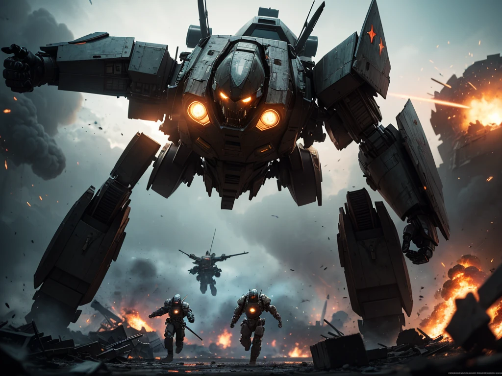 a friendly mech taking down an enemy mech, soldiers cheering, war-torn battlefield, massive destruction, mechanical machines, dramatic action, cinematic camera angle, highly detailed, photorealistic, epic scale, vibrant colors, dramatic lighting, dynamic motion blur, cinematic atmosphere, gritty military sci-fi, cinematic composition, dramatic depth of field, masterful rendering, hyper-detailed machinery, powerful explosions, heroic soldiers, awe-inspiring scale, stunning visual effects, high-octane combat, jaw-dropping spectacle
