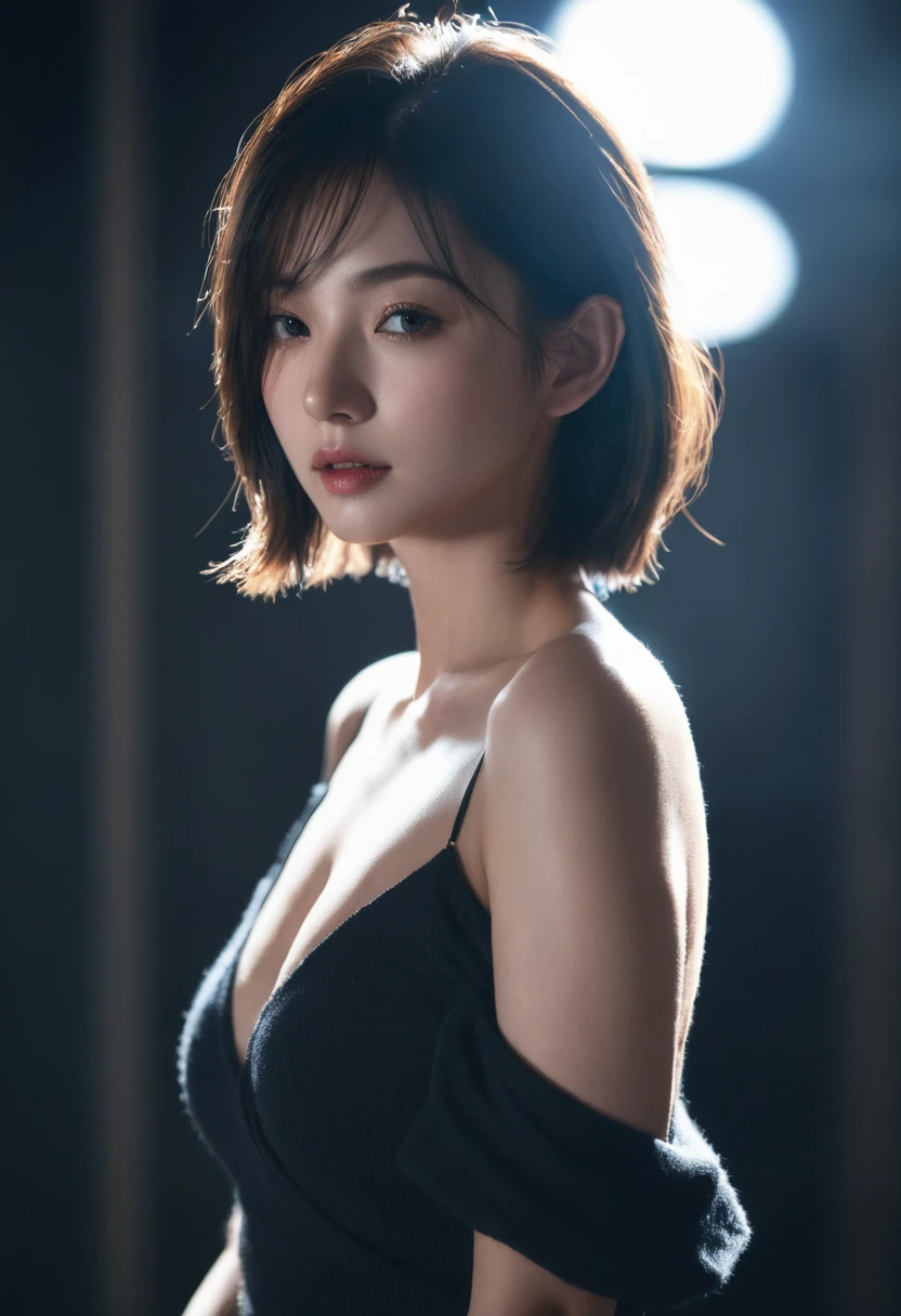 best quality, masterpiece, Ultra-high resolution, (Realistic:1.5), original photo, 1 girl, Off-shoulder, in the darkness, Deep shadows, Low profile, Cold Light, sexy look, short hair,Mix Girl,Yinglaite, Half-length photo,NSFW