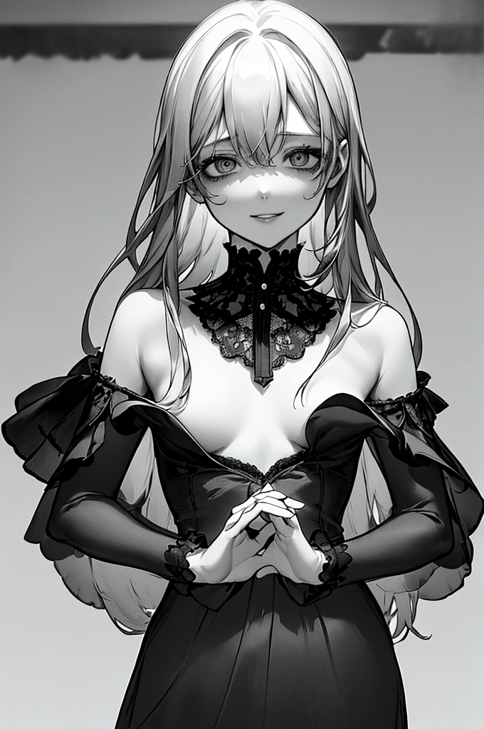 Highest quality, (Background details), High Contrast, Great beauty, Detailed original illustrations, Sensual, Delicate face, Charm, sexy, Real breasts, Small breasts, Crazy Smile, Crazy Eyes, attention arousal, White Background, (White Background: 1. 5), Beautiful line art, Monochrome