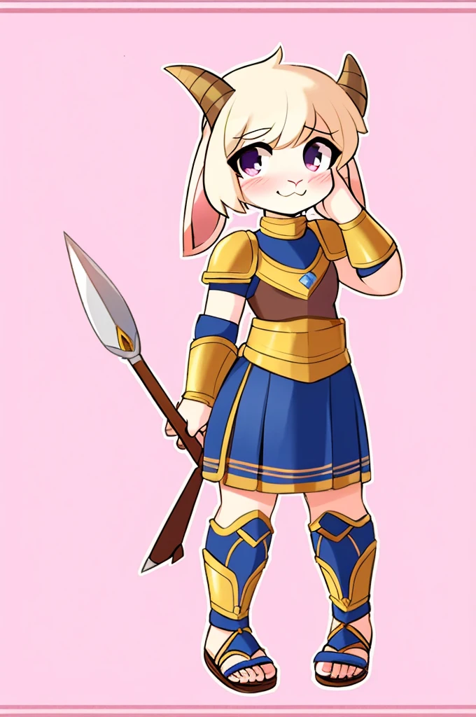 1girl, furry, furry_female, goat_ears, goat_girl, smile, solo, cute, shy, wearing full body plate armor, gladiator skirt, gladiator sandals, humanoid feet, holding a spear, nosebleed,bloody nose