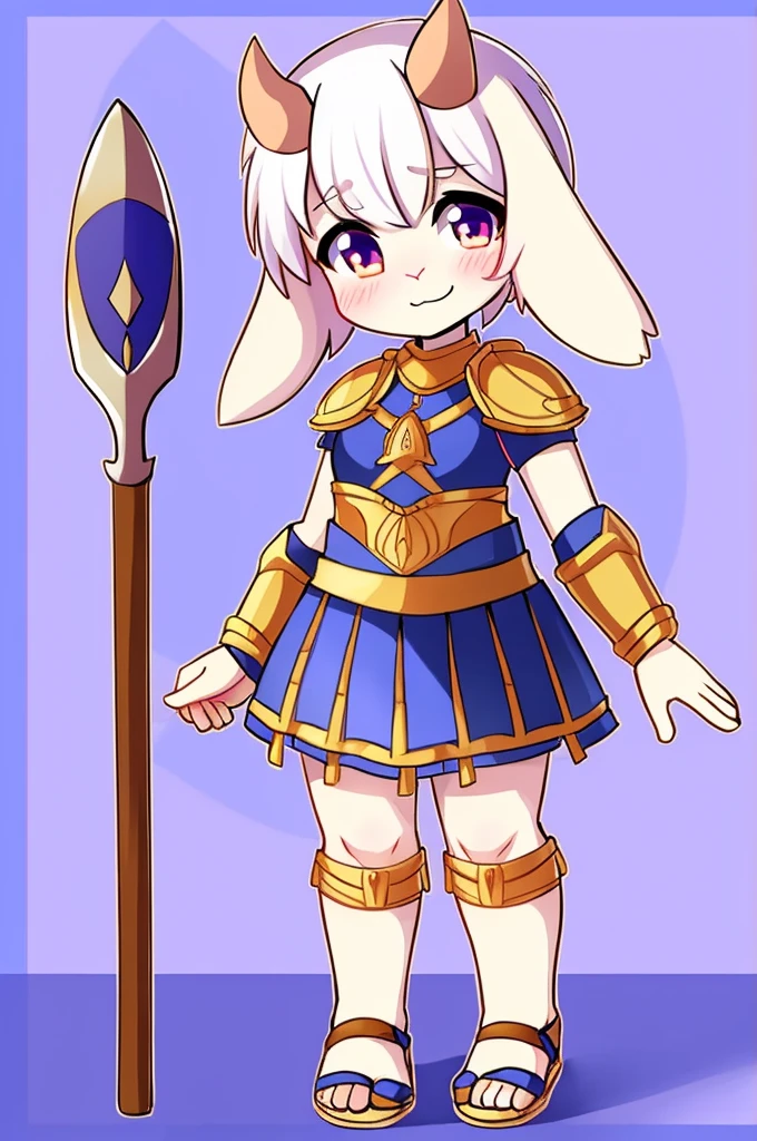 1girl, furry, furry_female, goat_ears, goat_girl, smile, solo, cute, shy, wearing full body plate armor, gladiator skirt, gladiator sandals, humanoid feet, holding a spear, nosebleed,bloody nose