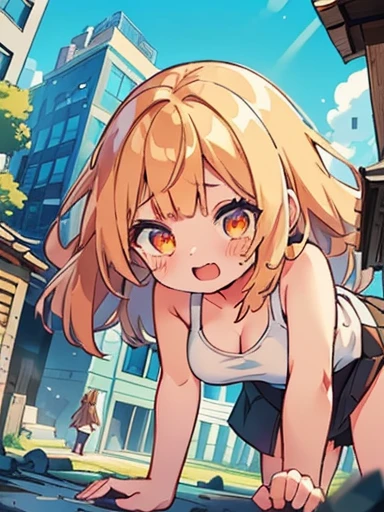 European girl, blush, twintails, (loli)1.2 13 years old, smile, blue eyes, large breasts, backlighting, bokeh, (blond hair)1.2, looking at viewer, wide-eyed, tight string white bikini, sea side, side view,