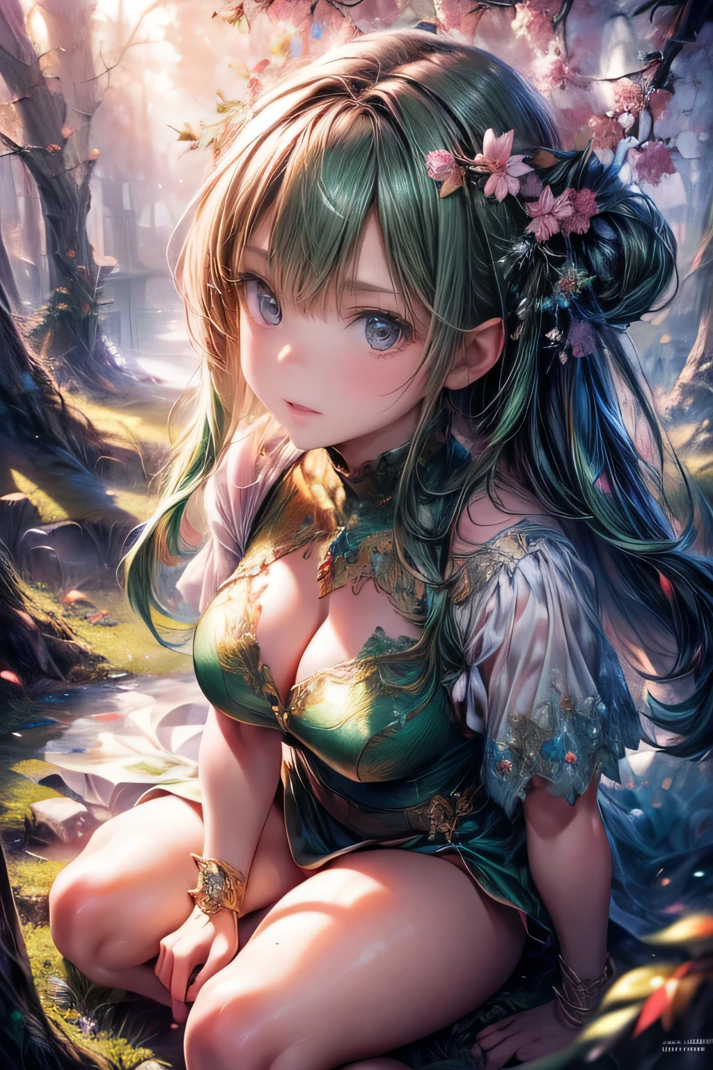 full-body view, masterpiece:1.2, highest quality, highres, 16k, ultra-realistic, photorealistic:1.37, beautifuldetailed, anime style illustration, 1girl, princess, light green hair, green forest spirit, beautiful light green hair, nature, fantastical, detailed face, beautiful light green eyes, expressive eyes, detailed lips, sitting on a branch on a high tree, legs dangling,ultra-detailed,intricate details, vibrant colors, fantasy art, digital painting, cinematic lighting, magical, cinematic angle,