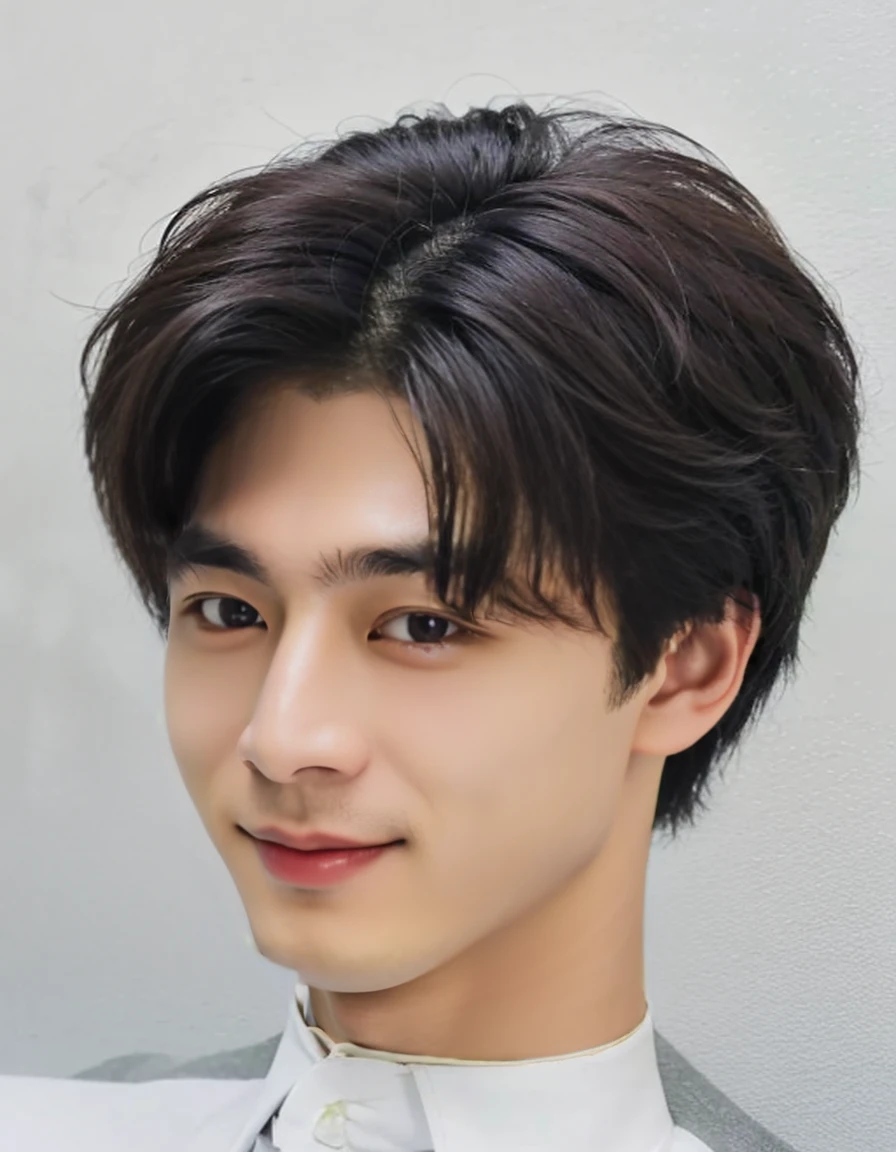 Best Quality, 8k, Masterpiece, (Portrait: 1.3), (photo realistic:1.4), (hyper realistic:1.4), Sharp Focus, looking at viewer, (smoother lighting:1.1), (increase cinematic lighting quality:0.9), realistic lighting, backlighting, light on face, ray trace, (brightening light:1.2), (Increase quality:1.4), sharp detail, (best quality real texture skin:1.4), finely detailed eyes, black_eyes, finely detailed face, 25 year old Korean man, smiling_face