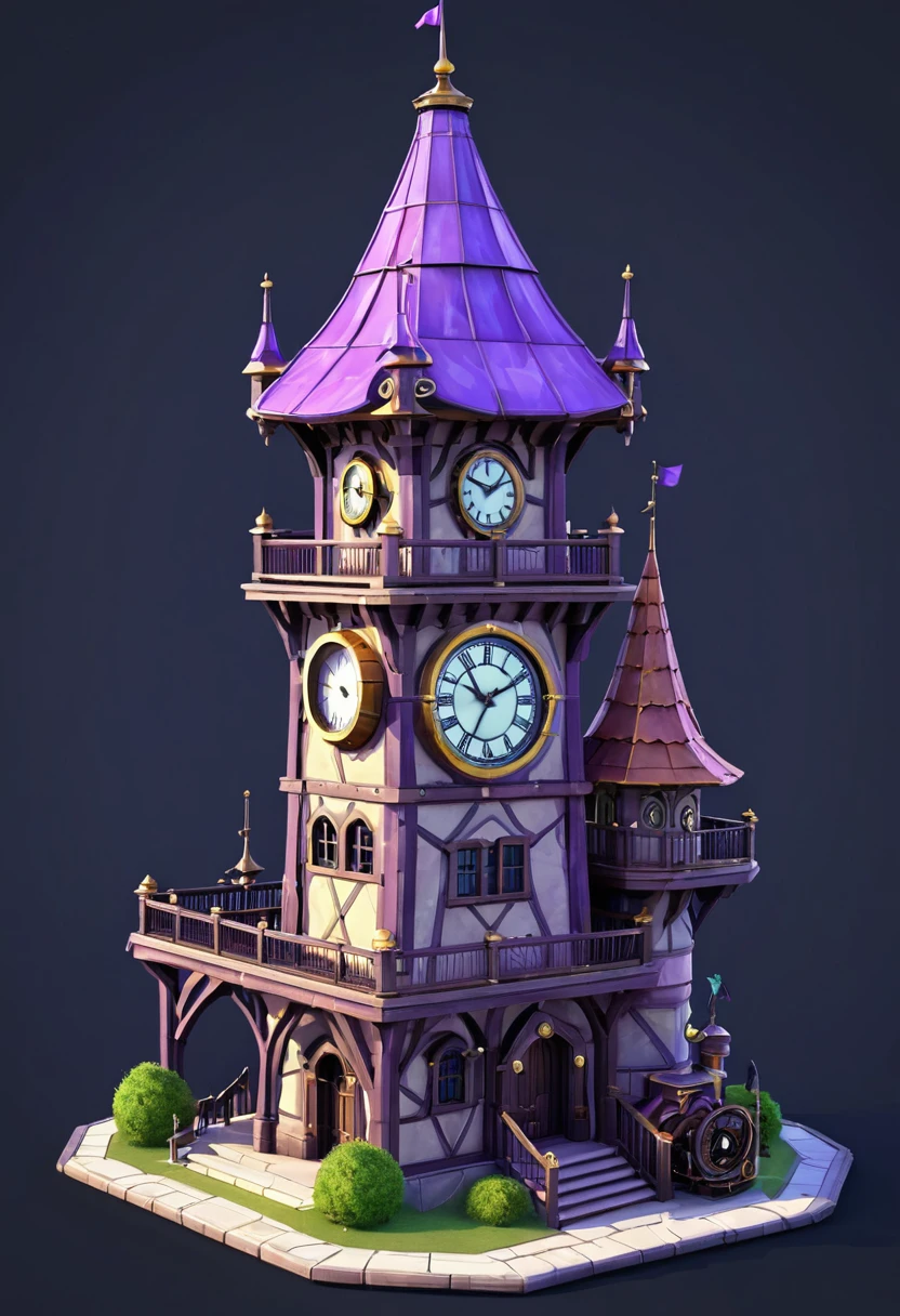 there is a small building with a purple roof and a clock on top, a low poly render by Kanbun Master, polycount contest winner, conceptual art, isometric view of a wizard tower, wizard's tower, fantasy building, wizard tower, 3 d render stylized, giant imposing steampunk tower, 3d rendered steampunk, stylized 3d render