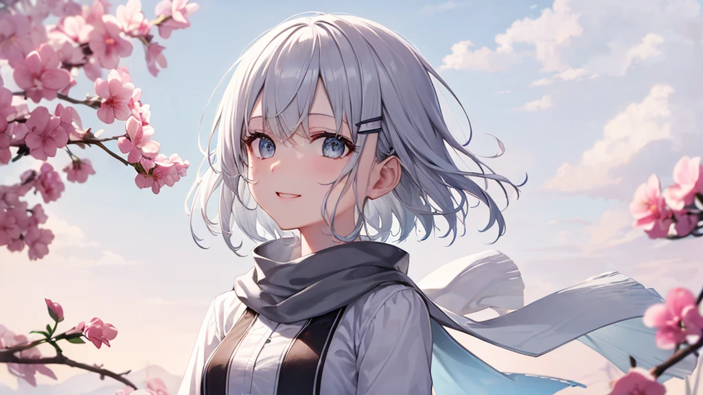 Her eyes were shining、Mysterious and enchanting atmosphere。With AI Painting、とてもShort Hair, Long bangs between the eyes, Very detailed,(masterpiece、Highest quality)、alone、Gray Hair、Fantasy, Silver Hair, Fantasyな風景、White shirt、smile、Open your mouth、Scarf、short hair、Short Hair、hairpin、black eye、Grey Eyes、Beautiful Eyes