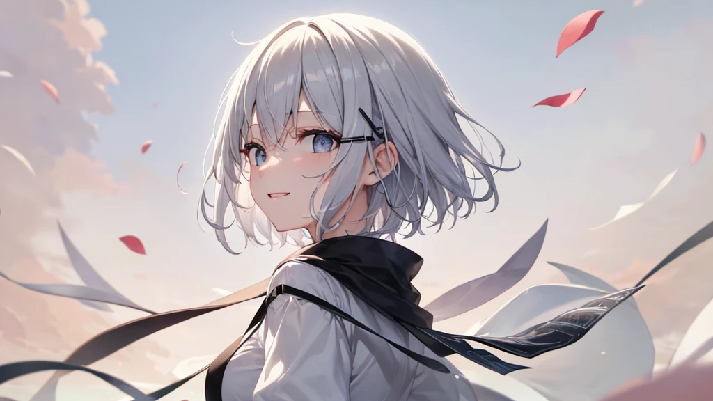 Her eyes were shining、Mysterious and enchanting atmosphere。With AI Painting、とてもShort Hair, Long bangs between the eyes, Very detailed,(masterpiece、Highest quality)、alone、Gray Hair、Fantasy, Silver Hair, Fantasyな風景、White shirt、smile、Open your mouth、Scarf、short hair、Short Hair、hairpin、black eye、Grey Eyes、Beautiful Eyes