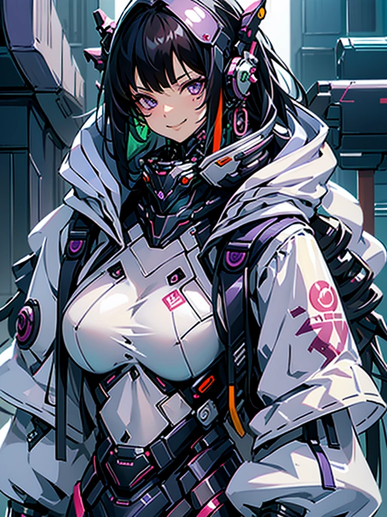 woman、Early 20s、cyber punk、Wicked Smile、Black Hair、Long Hair、Multicolored Hair、Purple Eyes、breast enhancement、sexy、