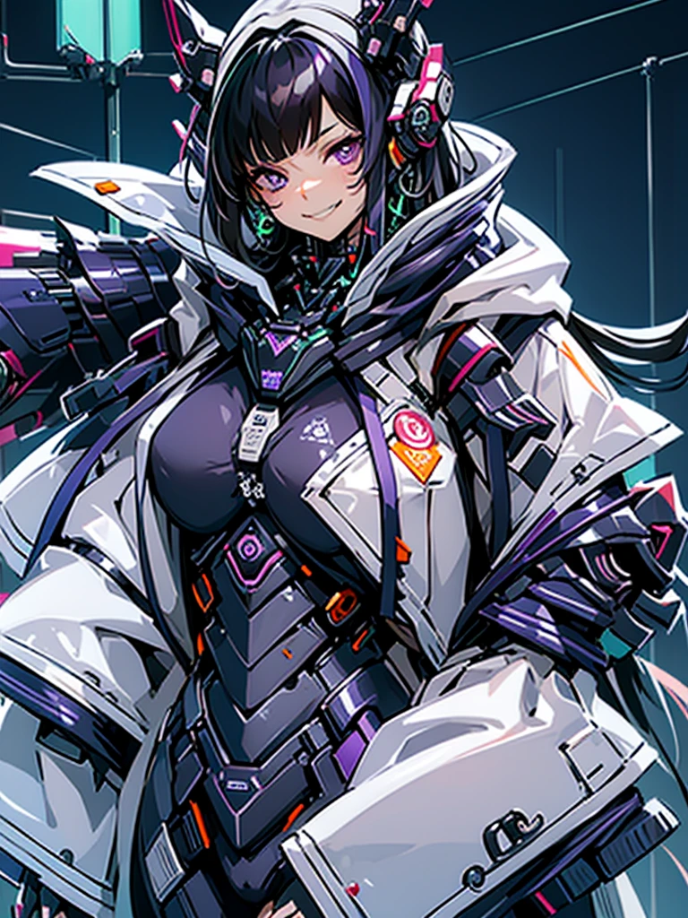 woman、Early 20s、cyber punk、Wicked Smile、Black Hair、Long Hair、Multicolored Hair、Purple Eyes、breast enhancement、sexy、