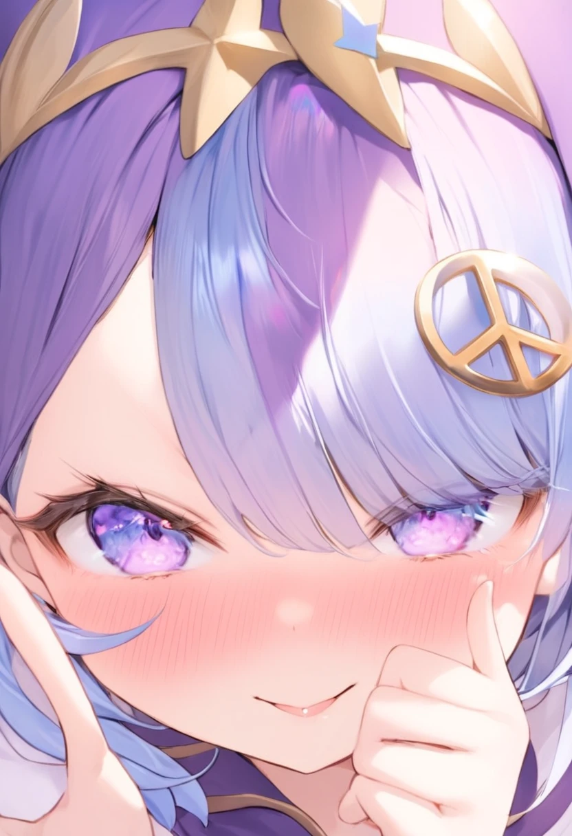 close-up, 1girl, light white skin, one-side hair bangs, blue-violet hair colour, blushing, peace sign, black and purple skimpy mage costume, winking