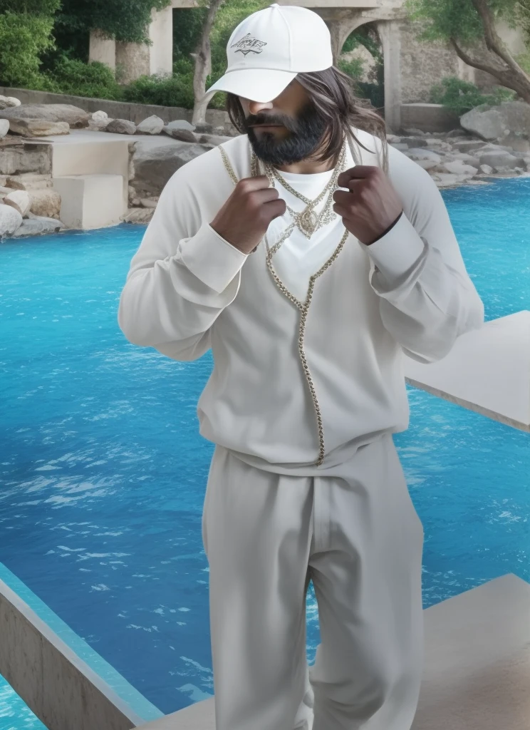 Seth Rollins como Jesus Cristo, wearing tunic, focus on details do rosto, black dark hair, similar to seth rollins, wearing the long beige tunic of Jesus, Biblical style of Jesus, PICTURE REALISTIC, dark black image background , best qualityer, 8K, focus on details.
