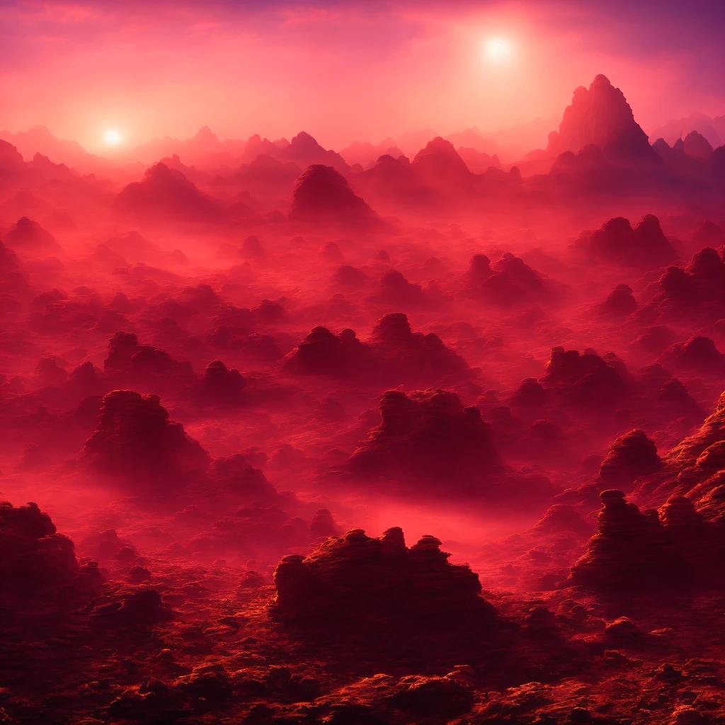 a vast alien exoplanet landscape, dramatic dramatic red skies, strange glowing alien flora, giant floating mountains, otherworldly geology, intricate alien architecture, advanced alien technology, cinematic lighting, matte painting style, highly detailed, photorealistic, 8k, best quality, ultra-detailed, realistic, dramatic lighting, moody colors, atmospheric