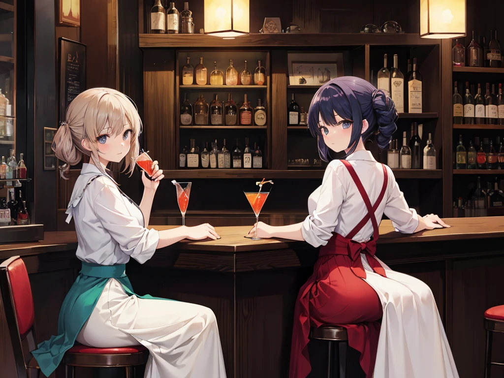 look back女, Long skirt, Anime style painting, An illustration, liquor, Woman sitting at a bar drinking a cocktail, look back, Looking over one's shoulder, Small face, 背景の棚には多彩な色のliquor瓶が並んでいる, Quiet bar, Calm expression, Perfect hands, elder, Red Hair, The dignity of a 50-year-old, ほろ酔いのwoman, solo、(Highly detailed background:1.0)、(Highly detailed background:1.0)、masterpiece、Highest quality、(Babes)、Fractal Art、Red eyes、Narrow eyes、Black and red dress, Reddish lips、From the shoulders up、smile、One Woman、{{{Red long ponytail}}}, Curly Hair, {{{Red eyes}}},Golden accessories, solo, Big Breasts, woman, Take-out, Provocative laughter,40 year old woman,Queen of Sadism, Highly detailed background, Perfect Human Medicine,