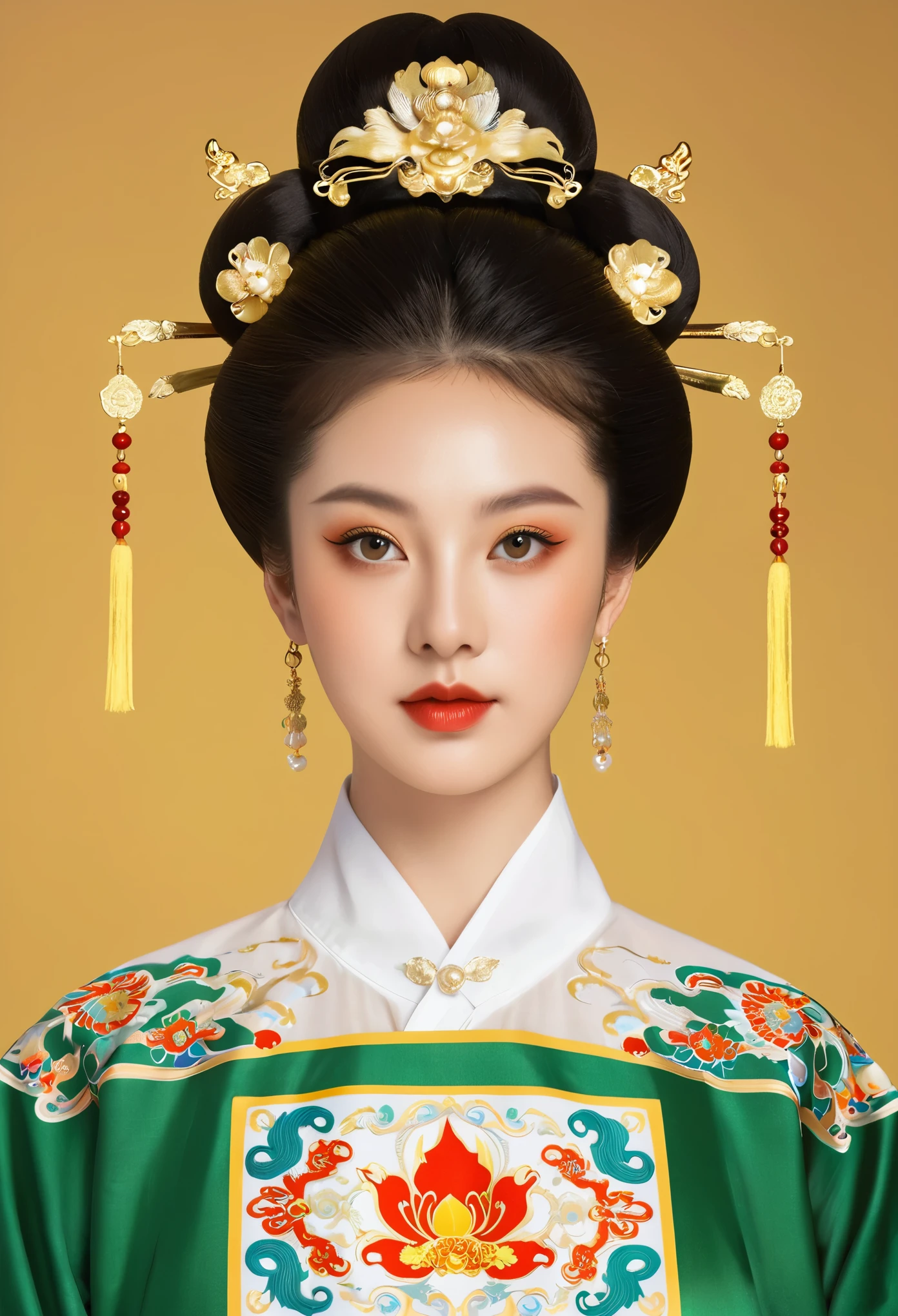 Beautiful girl portrait,symmetry,Round Face,Bright Eyes,Smooth skin,Chinese Tang Dynasty Flag Costume,egotistical,High bun,palace,Clean background