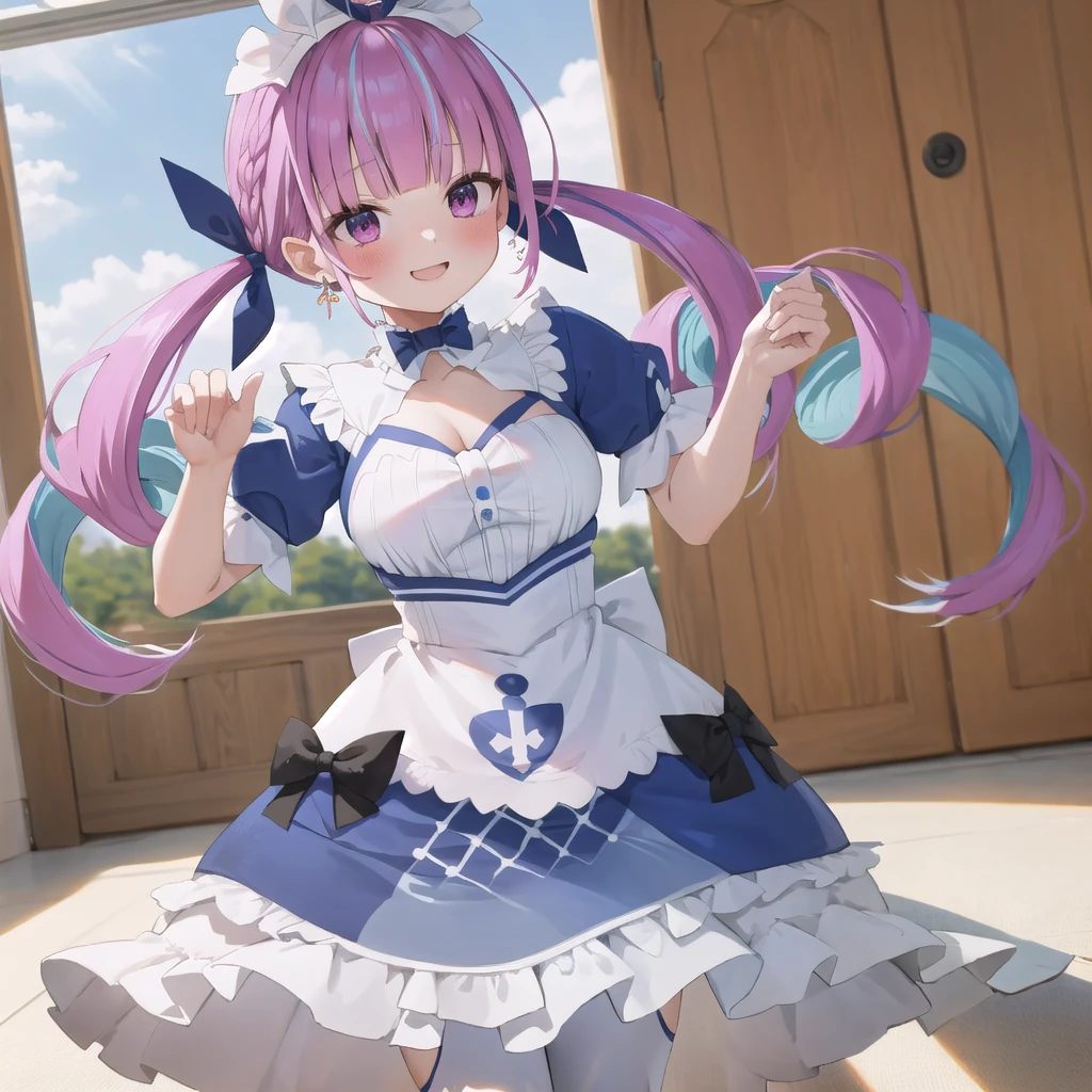 masterpiece, ultra detail, best quality, girl, shy, Minato aqua, Make a heart with your hands., blush, comiket_cosplay_Hiroba, camera, indoor, holding camera, multiple boys, day, crowd, taking picture, blue sky, photo background, backwards , iiaqua, twintails, drill hair, cowboy shot, standing, home, smile