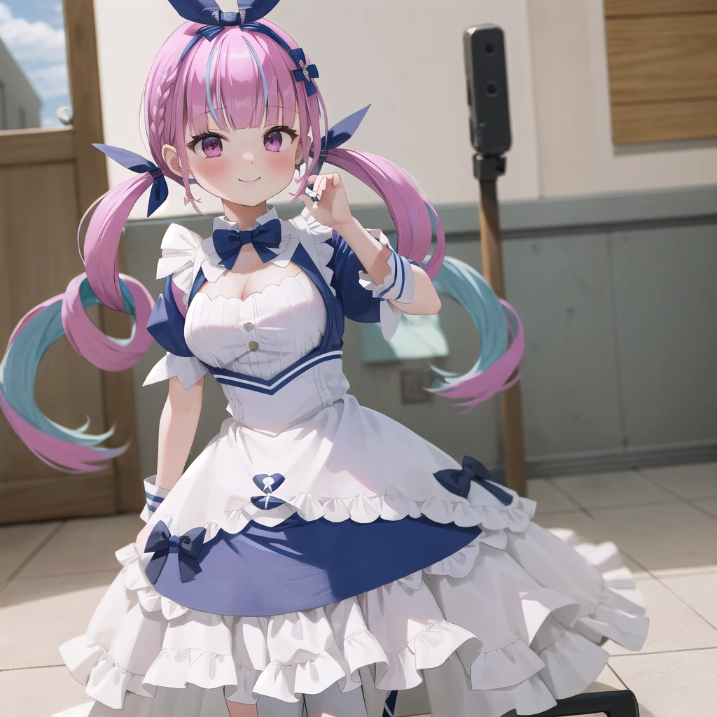masterpiece, ultra detail, best quality, girl, shy, Minato aqua, Make a heart with your hands., blush, comiket_cosplay_Hiroba, camera, indoor, holding camera, multiple boys, day, crowd, taking picture, blue sky, photo background, backwards ,  iiaqua, twintails, drill hair, cowboy shot, standing, home, smile