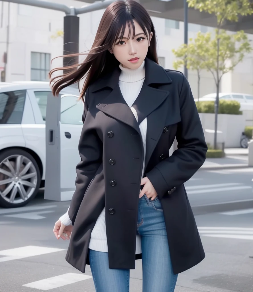 (zydG),nffsw:1.2,(hyper realisitic:1.50),(Realistic:1.4),Best Quality,masutepiece, 超A high resolution (Photorealistic: 1.4),28 year old office lady working at a major trading company,BREAK　Wearing a long black leather coat from a luxury brand,BREAK　White sweater with turtleneck,BREAK　Denim jeans that fit the body,BREAK　black leather boots,BREAK　Moderately sized breasts,Curvaceous,Perfect makeup,Light brown wavy hair,Super beauty,Smiling,with blush cheeks,shinny skin,firm skin,A detailed background of the Marunouchi office district,Modern office building,hand bag,((upper_body))